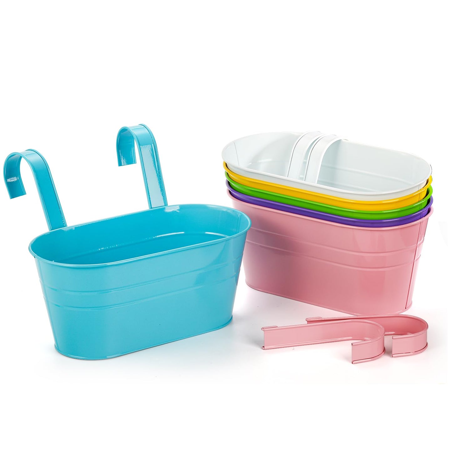 Foraineam 6 Pack Hanging Flower Pots, Metal Iron Plant Pot Holders, Garden Pots Balcony Planters, Metal Bucket Flower Holders Wall Hanging Decor Pot with Detachable Hooks for Railing Fence Balcony