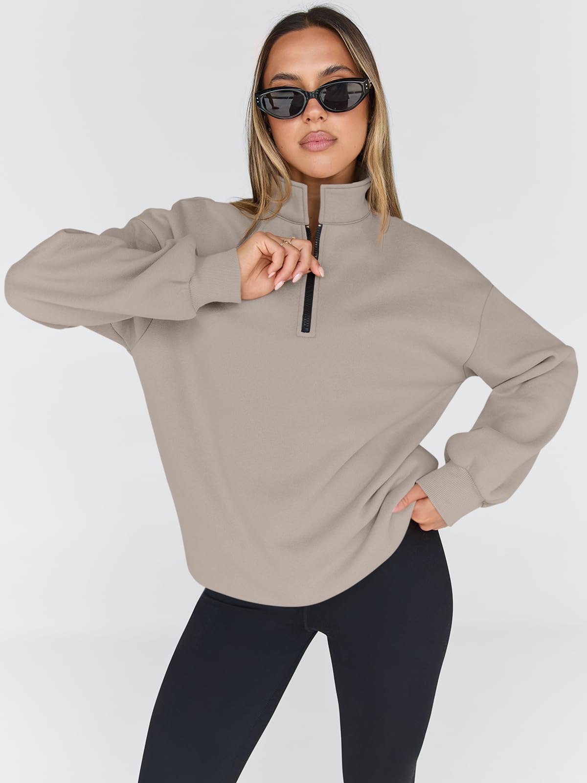 Trendy Queen Womens Oversized Sweatshirts Fall Sweaters Fashion Hoodies Half Zip Pullover Long Sleeve Shirts Clothes 2025 CoffeeGrey M