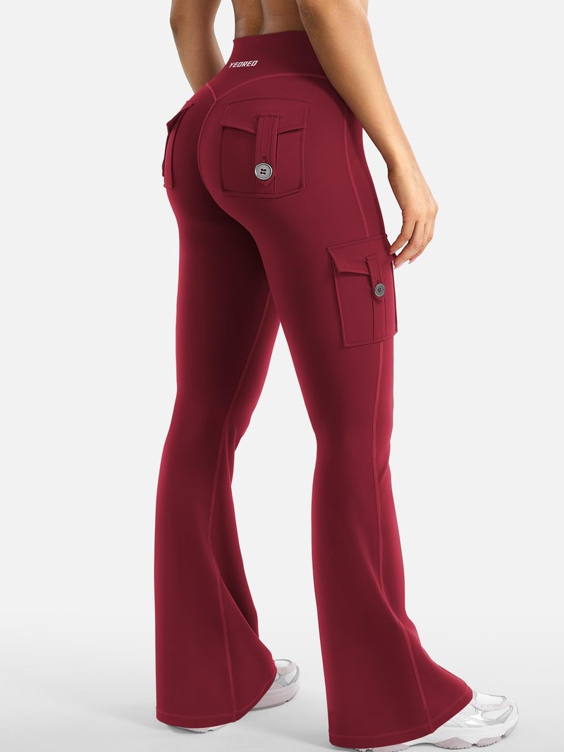 YEOREO CoreFlex Women Workout Flare Leggings with Pockets Hidden Scrunch Cargo Gym Yoga No Front Seam Leggings Wine XL