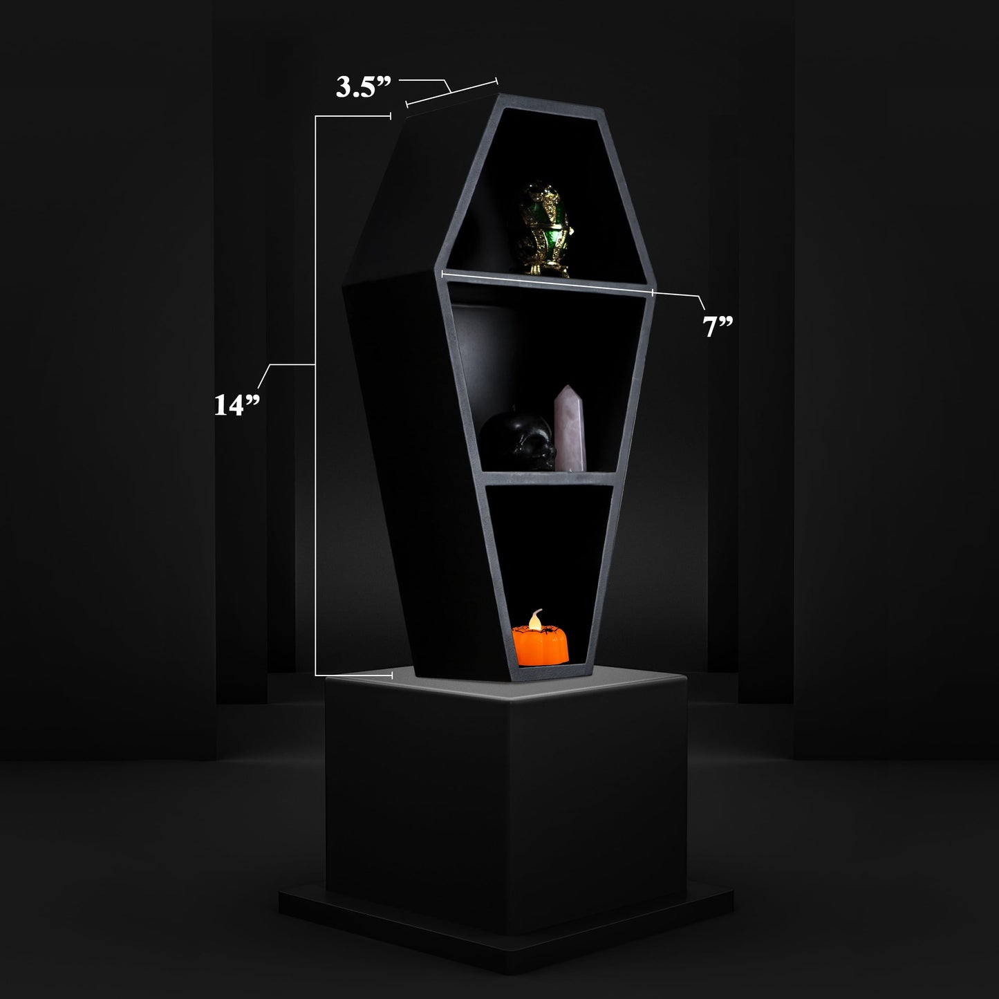 MANNY'S MYSTERIOUS ODDITIES Coffin Shelf and Coffin Gift Box with Spooky Accessories Set - Small Cute Goth Halloween Box 14 by 7 Inches - Black