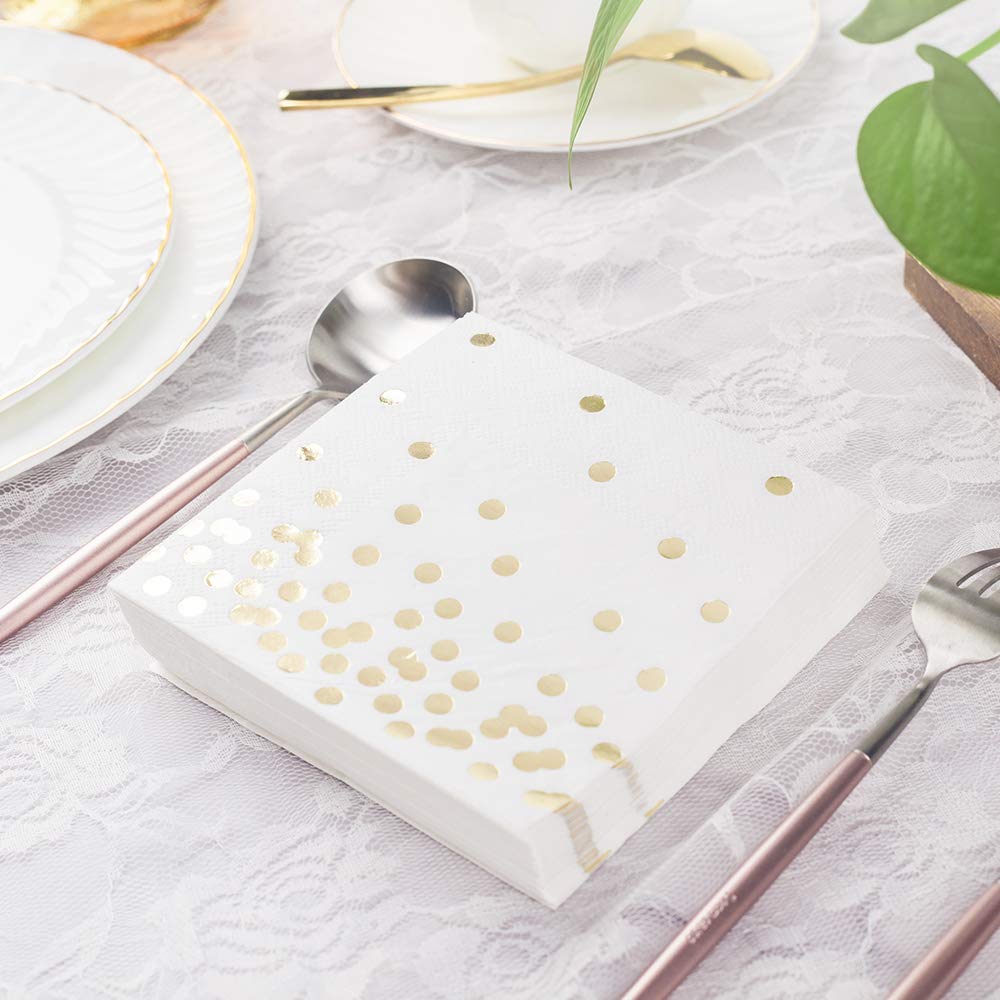 80 Pack of White Paper Cocktail Napkins with Gold Foil Polka Dot Confetti,Polka Dot Party Supplies(5 x 5 in,3-ply) (gold)