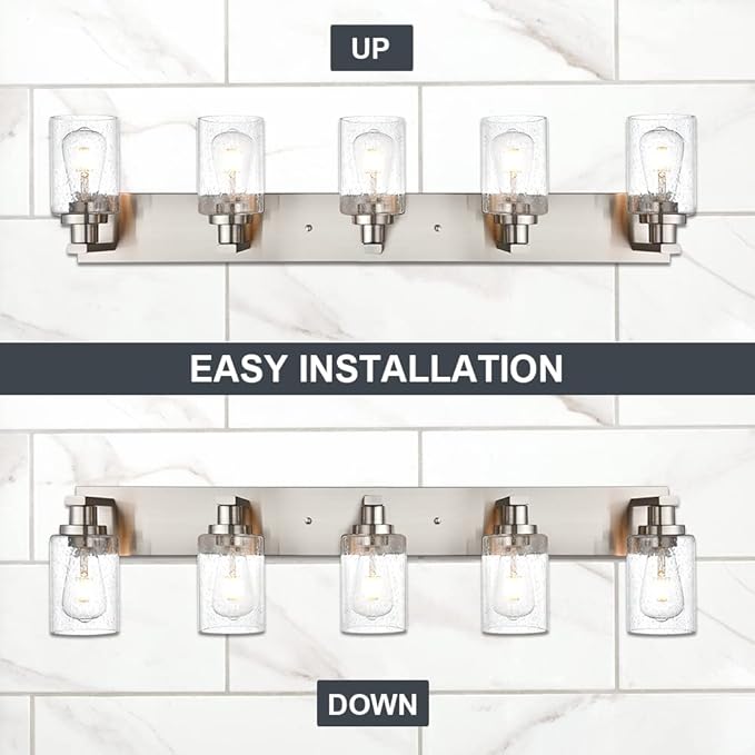 Bathroom Lights Fixtures Over Mirror, Brushed Nickel Vanity Lighting with 5 Seeded Glass Lampshades for Kitchen Living Room