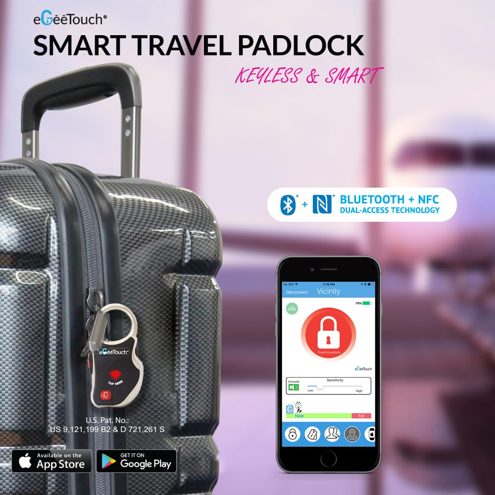 eGeeTouch Smart Travel Padlock with Patented Dual Access Technologies (NFC + BT), Vicinity Tracking, etc. (BLACK)