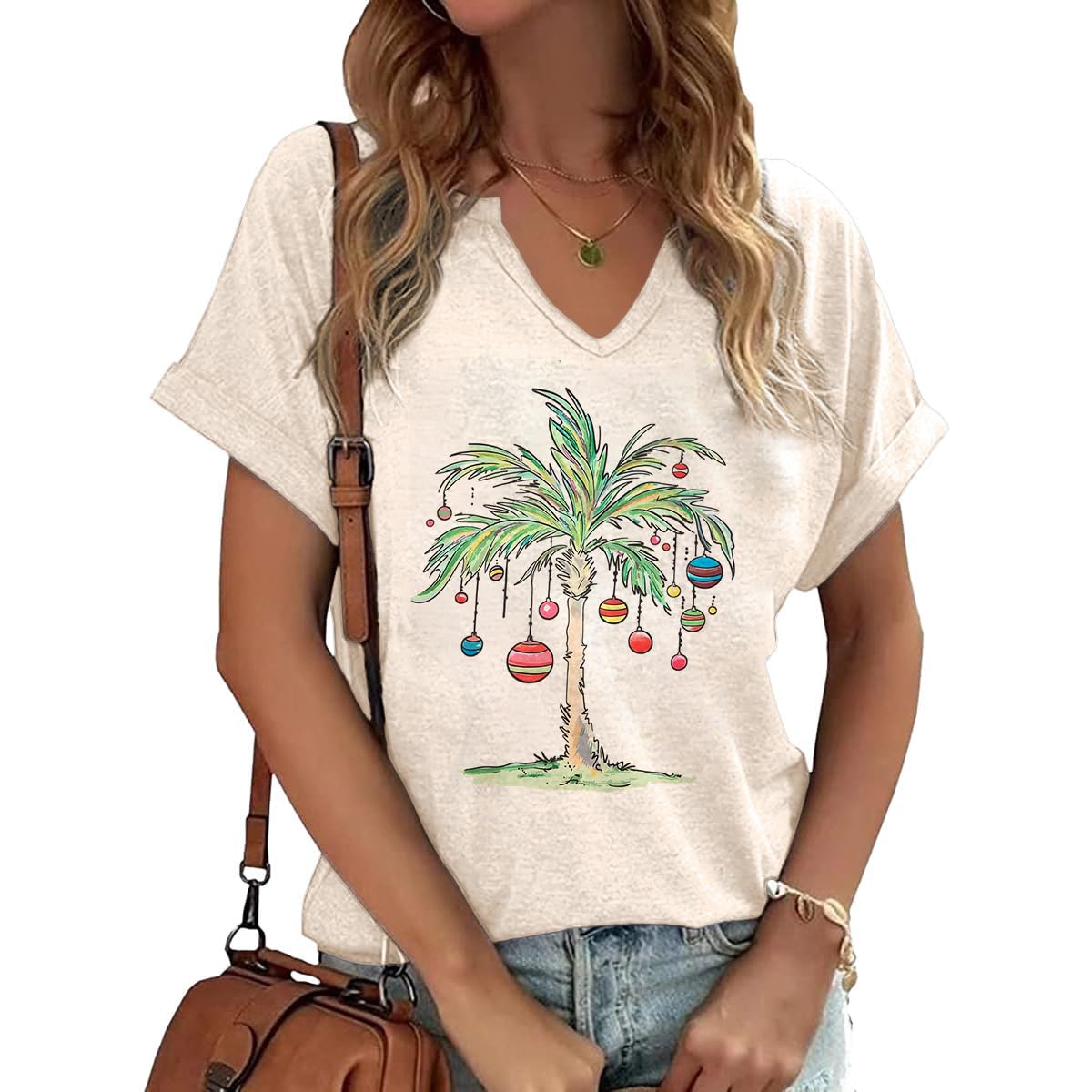 PUCKOLITY Christmas Shirts for Women Cute Christmas Palm Tree Graphic V-Neck Shirts Short Sleeve Funny Print Xmas Holiday Tee Tops(L,1 Apricot)