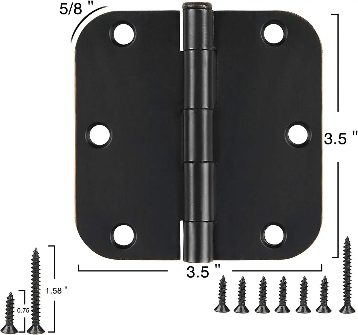6 Pack Matte Black Interior Door Hinges Round 3.5" x 3.5 Inch 5/8" Radius Heavy-Duty Mat Hinge for Doors Standard Bedroom Work Office Door Hardware Removable Pin,Farm,Shed,Gate,Greenhouse Vent Window
