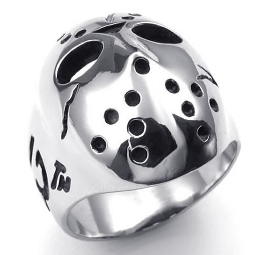 jonline24h Polished Stainless Steel Men's Ring, Halloween Jason Mask Band, Silver Black(12)
