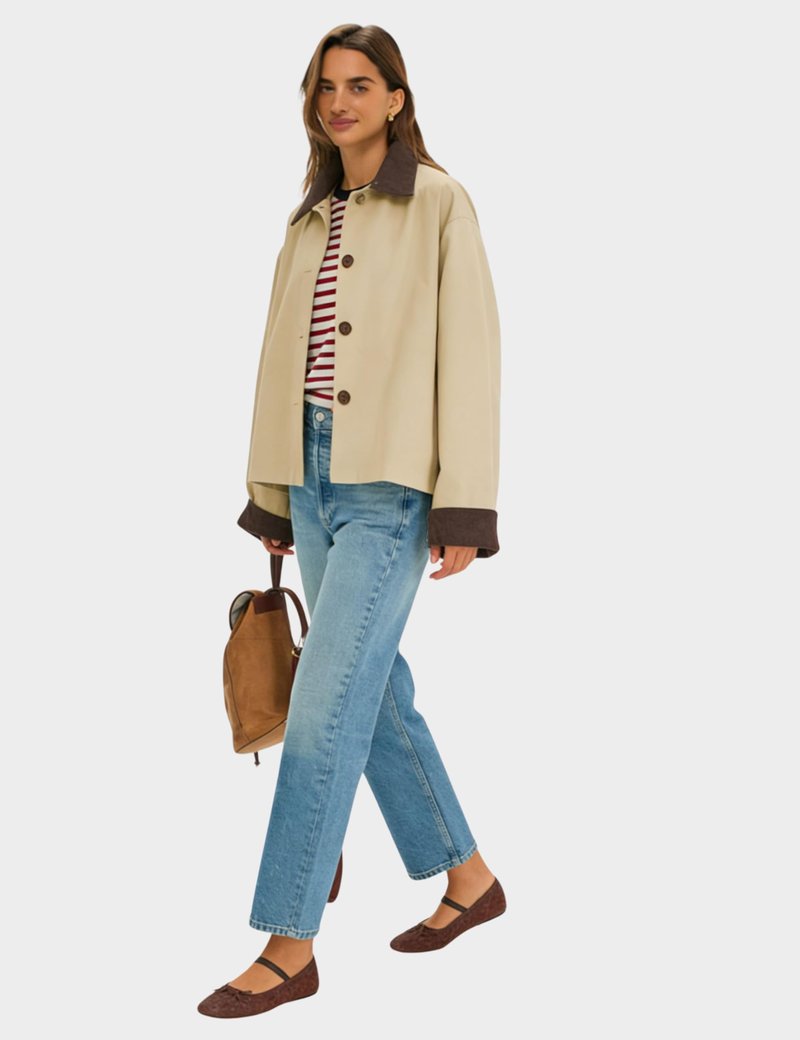 Lviefent Womens Contrast Collar Jacket Casual Button Down Long Sleeves Crop Trench Coat Outerwear with Pockets (Khaki-M)