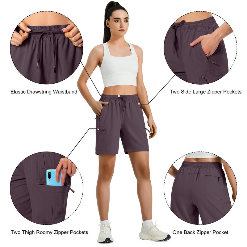 Hugut Women's Lightweight Hiking Cargo Shorts Quick Dry Athletic Shorts Camping Travel Golf Zipper Pockets Water Resistant Dusty Purple