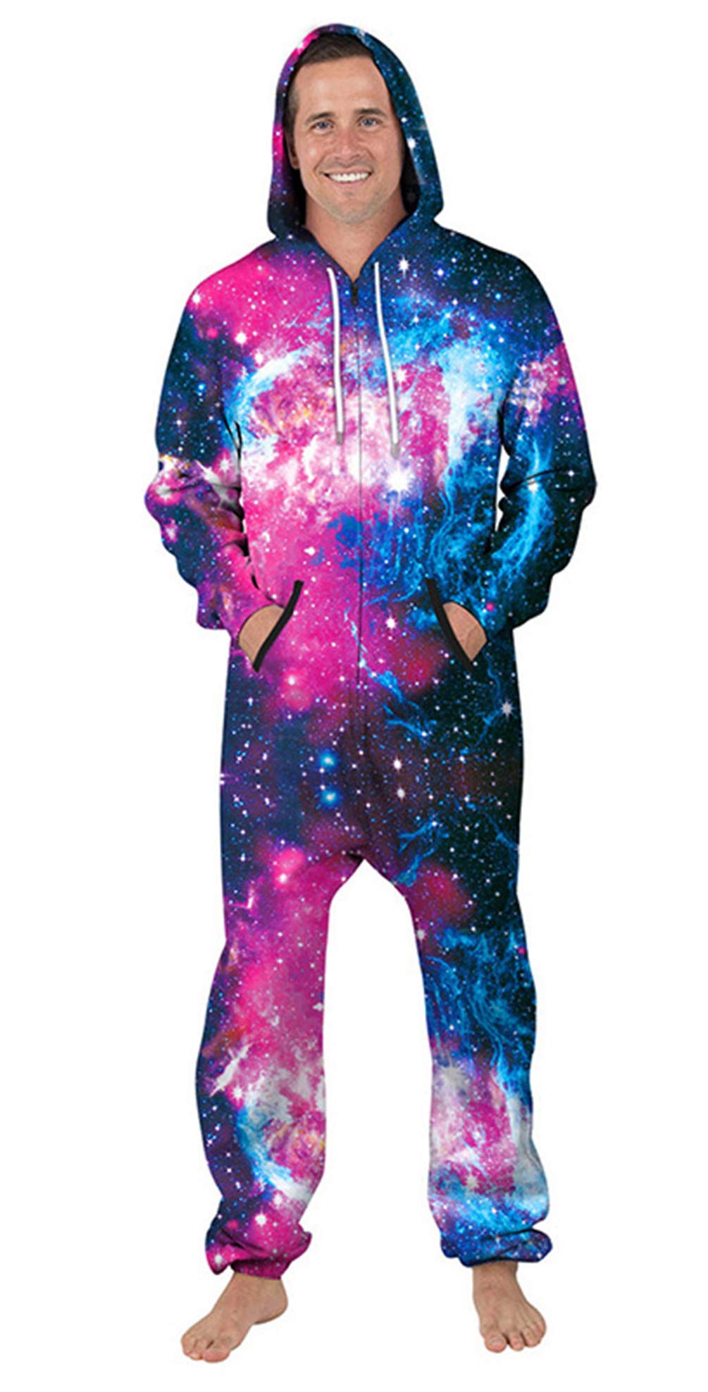 Nawoshow Womens Zip-up 3D Pattern Long Sleeve Playsuit Jumpsuit Onesie (Galaxy, L/XL)