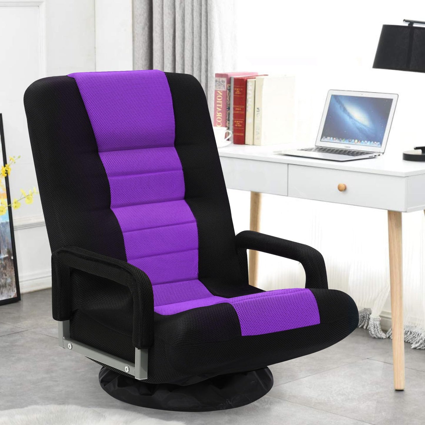 Buymoth Swivel Floor Gaming Chair w/Armrests,Folding Video Reclining Sofa w/6 Adjustable Position, Padded Backrest & Cushion, Lazy Lounger Couch for E-Sports, Reading, Relaxing, Watching TV, Purple
