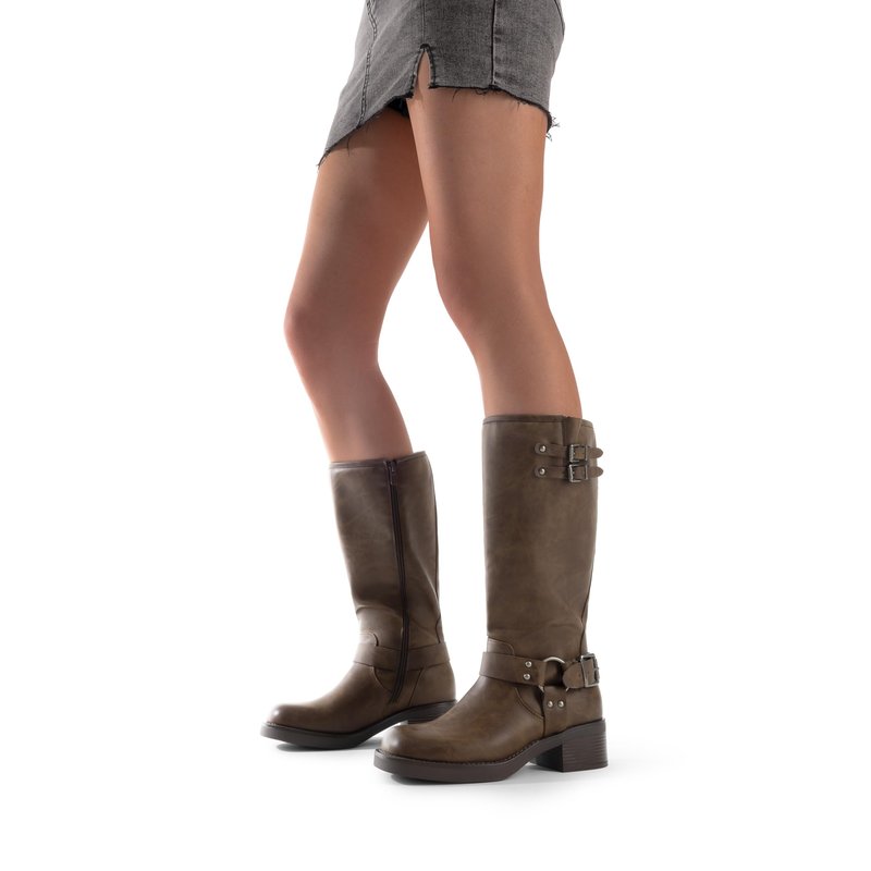 DREAM PAIRS Women's Knee High Boots Side Zipper Motorcycle Boots Square Toe Chunky Low Heel Fashion Buckles Biker Riding Boots,Size 8,Brown-Nubuck,SDKB2412W