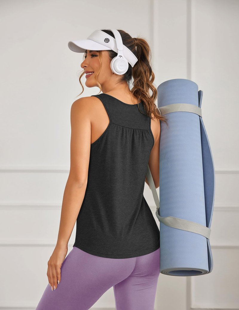 PINSPARK Sleeveless Workout Tops for Women Racerback Tank Top Lightweight Yoga Gym Shirts Scoop Neck Athletic Running Activewear 2 Pack,Black/Black L