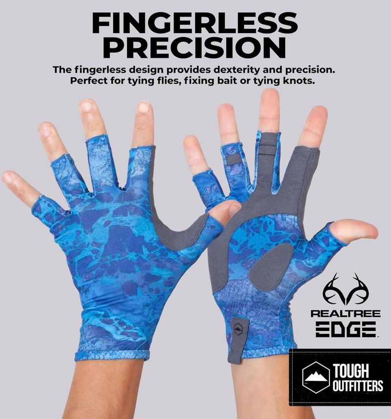 Tough Outdoors UPF 50+ Fishing Gloves - Sun Protection Kayaking Gloves for Men & Women - Lightweight Fingerless SPF Gloves for Watersports - Navy Blue