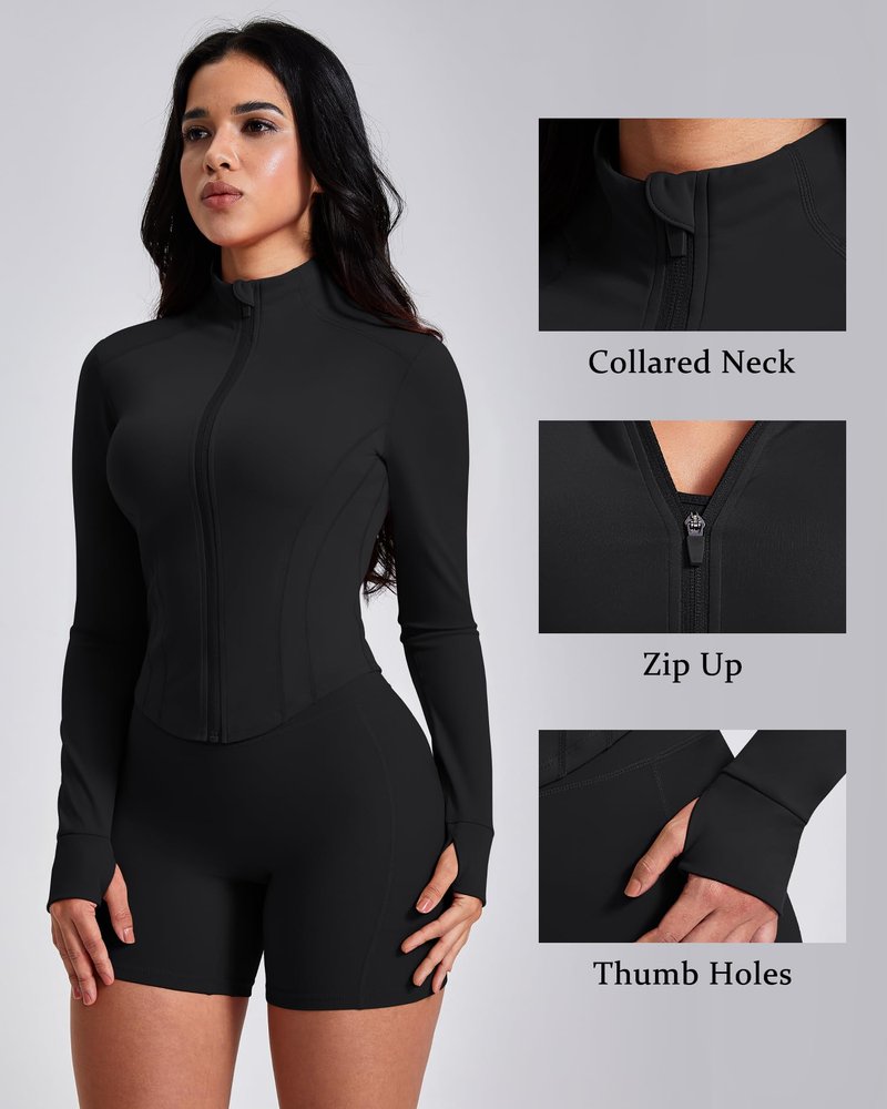 GYM RAINBOW Workout Jackets for Woman Lightweight Athletic Full Zip Running Jacket BBL Crop Tops With Thumb Holes(#1 Black,Medium)