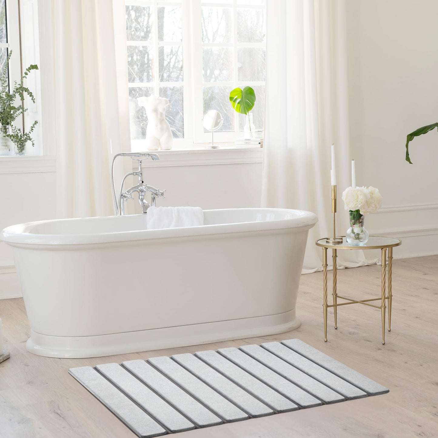 AWW Foldable Stone Bath Mat, Super Absorbent Diatomite, Non-Slip Quick Drying Mat, Compact, Light Grey, 23.6x15.5 Inches