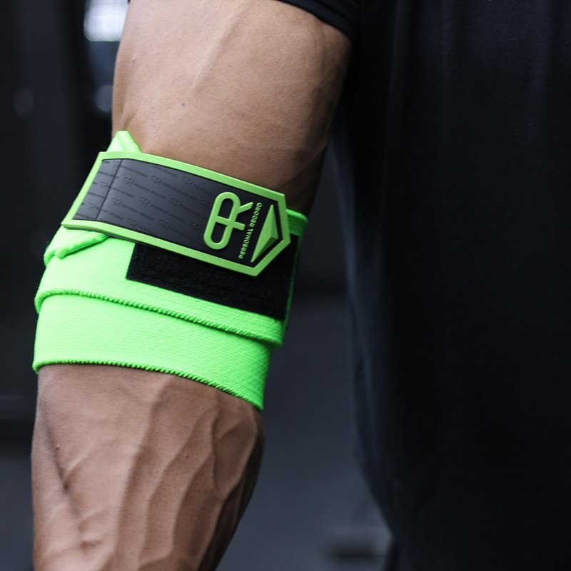 PR Personal Record Elbow Wraps for Weightlifting - Heavy Duty Construction, 25% More Elasticity, Reinforced Stitching, Extra Wide Fastener, Easy to Adjust, (Neon)