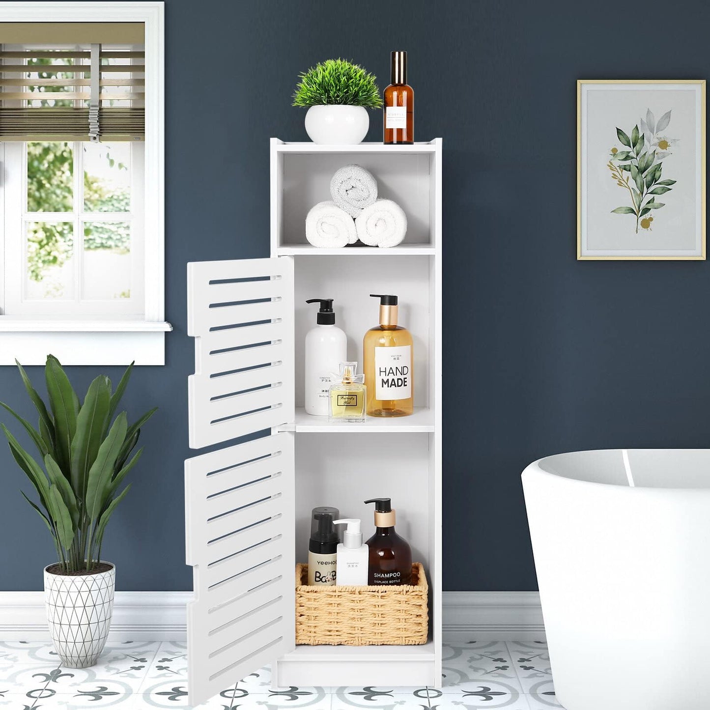 aimu Waterproof Bathroom Cabinets,Bathroom Storage Units with Open Storage Shelf,Free-standing Floor Cabinets,Corner Organizer Cupboard for Bedroom Kitchen Hallway,White.