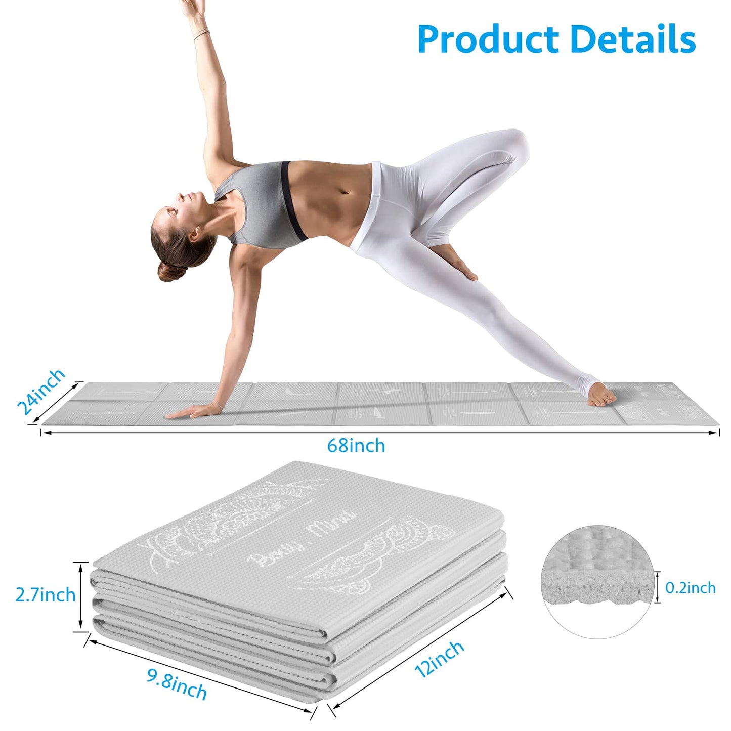 Foldable Yoga Mat for Women, Non Slip Exercise Mat for Home Gym, 5mm Travel Yoga Mats Set With Stretch Strap for Yoga Pilates and Fitness, 68"L x 24"W x 0.2 Inch Thick