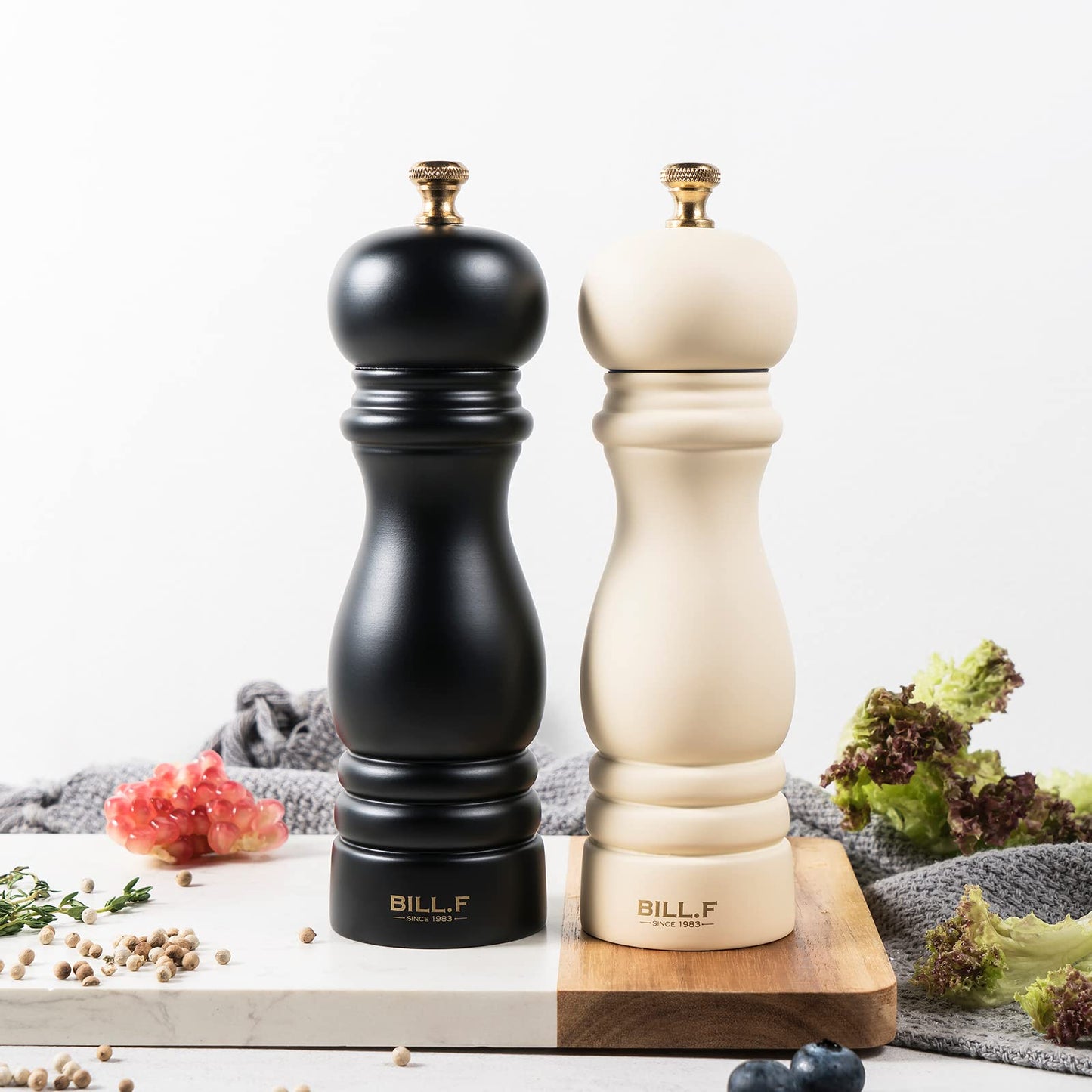 Bill.F Salt and Pepper Grinder Set, Wood Pepper Mill Set of 2 Manual Salt Pepper Shakers Grinder Refillable 7 Inch with Adjustable Ceramic Grinding Rotor(Black and Beige)
