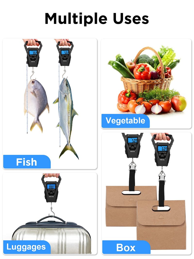 HEETA Waterproof Fish Scale Digital with Backlit LCD Display, 110lb/50kg Portable Hanging Scale Fishing Scale for Home and Outdoor, Measuring Tape and 2 AAA Batteries Included (Black)