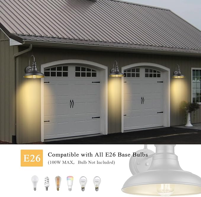 Dusk to Dawn Sensor Outdoor Barn Light Fixture, 12.3 Inch Dome Outdoor Wall Sconce Farmhouse Wall Mount Lights Exterior Gooseneck Light Fixture Black Finish Industrial Wall Lantern for Porch, 2Pack