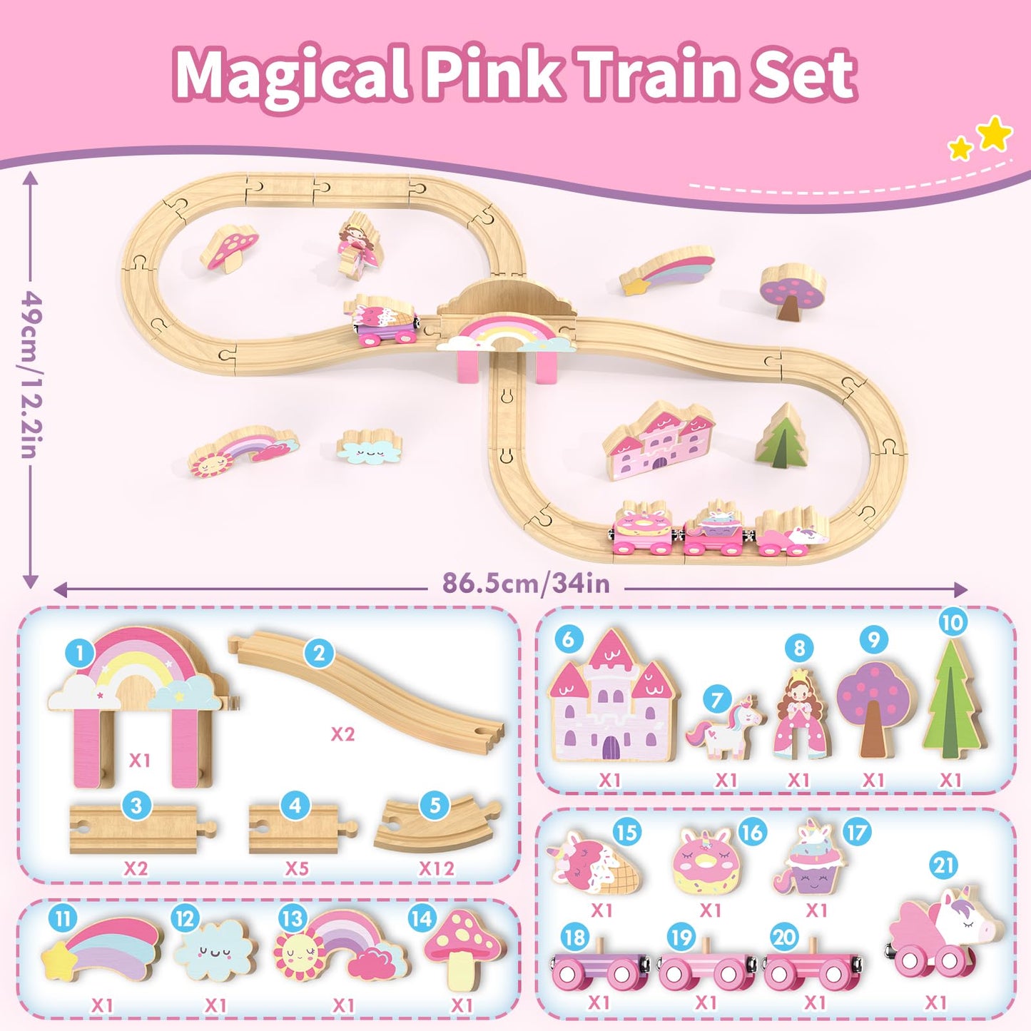 Lehoo Castle Wooden Train Set, Train Set for Toddlers 2-4, Wooden Train Track for Girls, Unicorn Toys for Girls Age 4-6, Toys for 3 4 5 6 Year Old Girl Gifts for Christmas Birthday