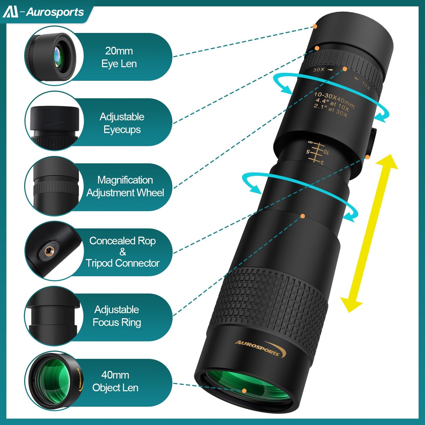 Aurosports 10-30x40 Zoom Monocular for Adults, Monocular Telescope High Power with Bak4 Prism, Compact Monoculars for Bird Watching Traveling Hunting Camping