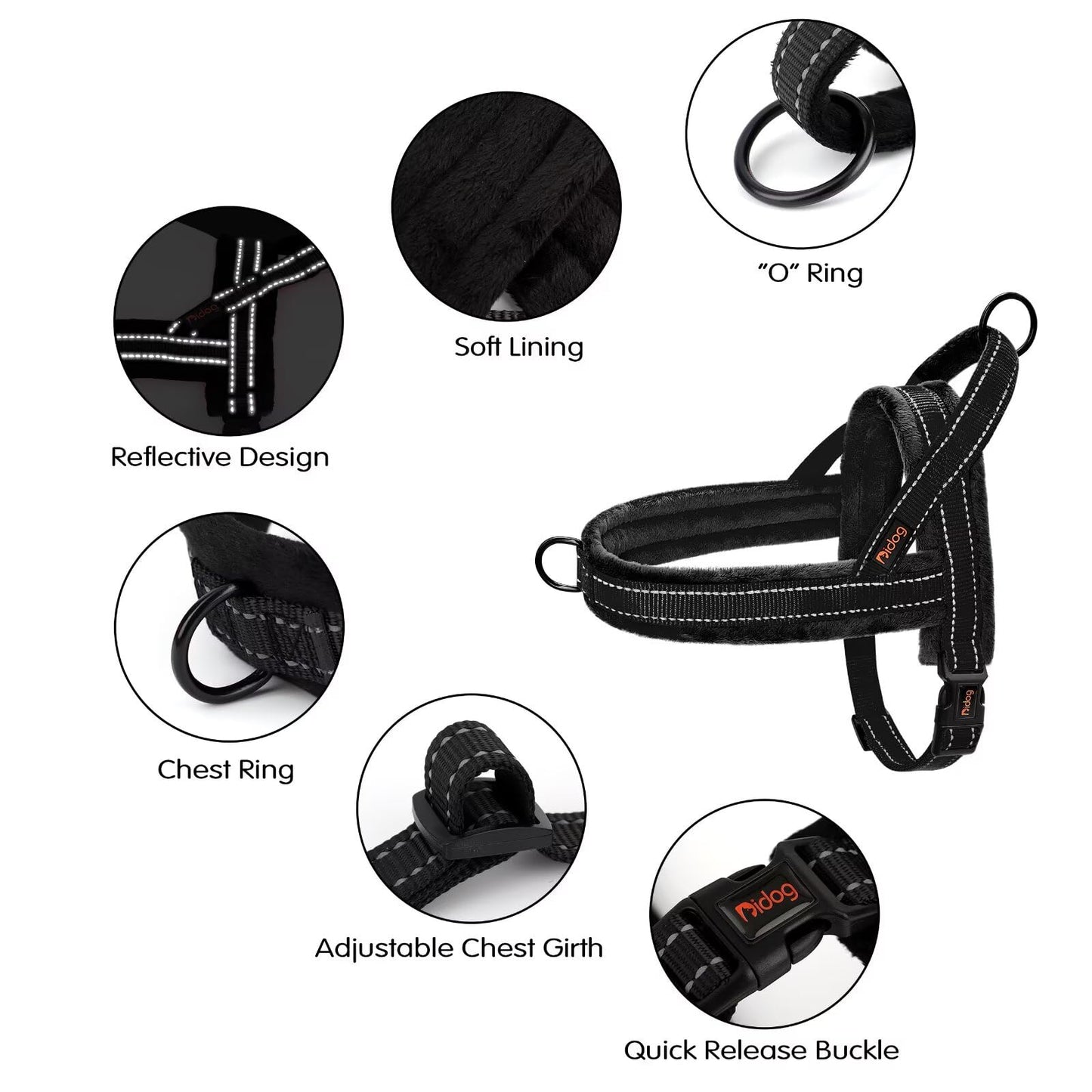 Didog Soft Flannel Padded Dog Vest Harness, No Pull/Quick Fit Reflective Dog Strap Harness, Easy for Training Walking (L:Chest 26-32", Black)