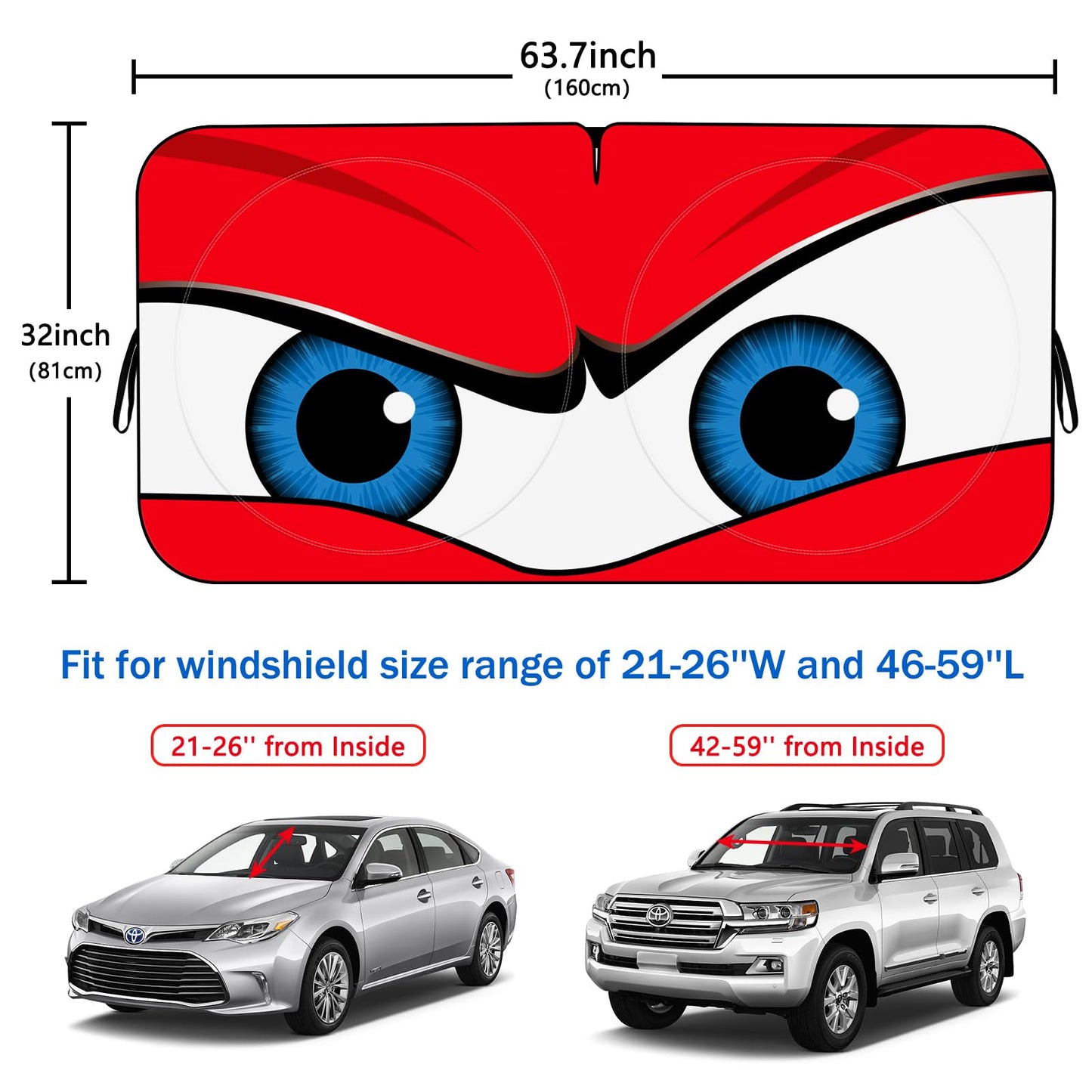 Car Windshield Sun Shade, Car Sun Shade Funny Car Eyes Sun Visor for Car Windshield, Wear-Resistant Black Tape, Foldable 63.7" L x 32" W