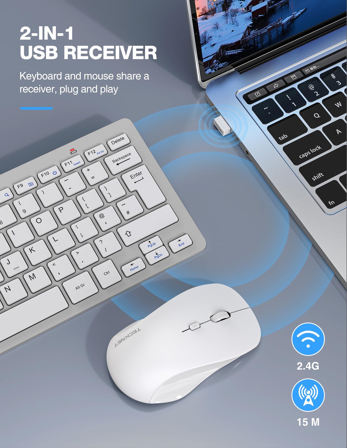 TECKNET Mini Wireless Keyboard and Mouse Set, 2.4G Cordless USB Keyboard and Silent Mouse Comb with Nano USB Receiver, 12 Multimedia Shortcuts for Computer, PC, Laptop, Desktop (Silver)