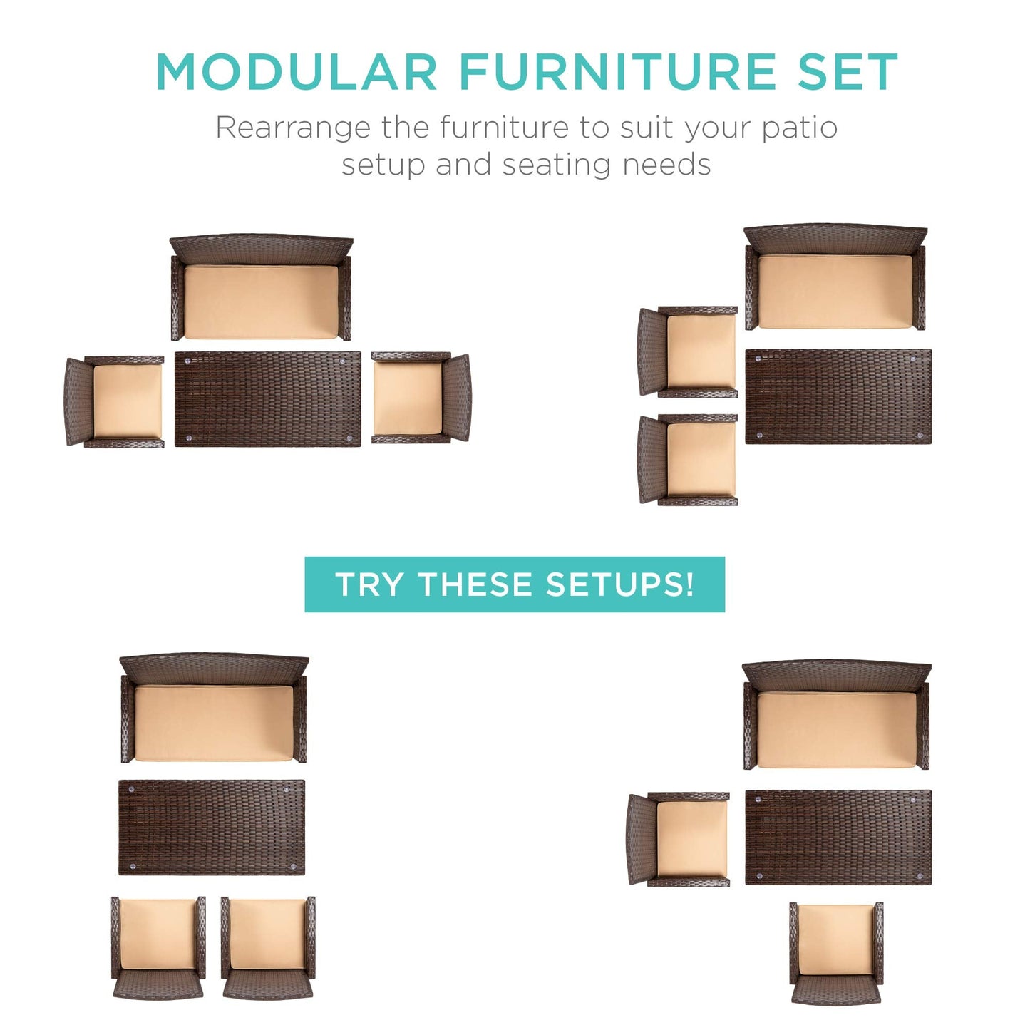 Best Choice Products 4-Piece Outdoor Wicker Patio Conversation Furniture Set for Backyard w/Coffee Table, Seat Cushions - Brown/Beige