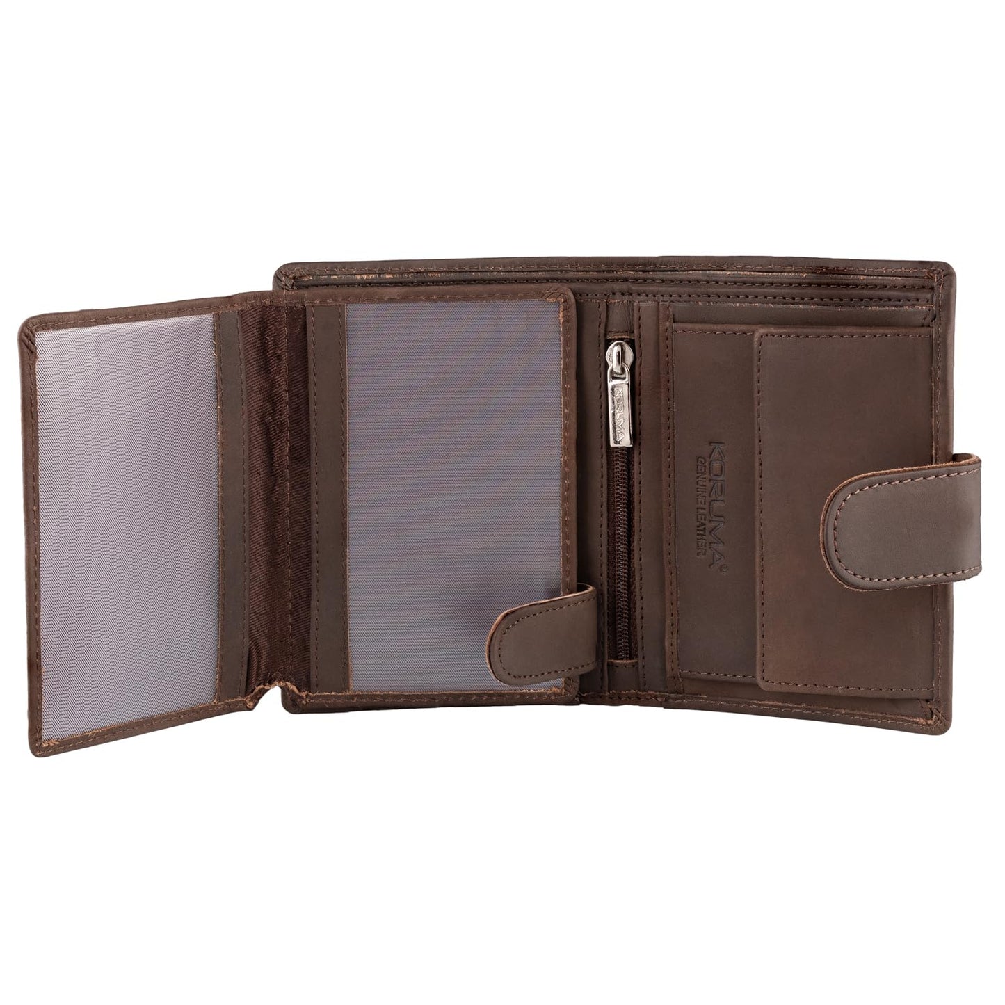 KORUMA Mens Premium Genuine Leather Bifold Wallet Smart Credit Card Blocker and Coin Pocket with RFID Certified – Hunter Brown 3-in-1 Wallet