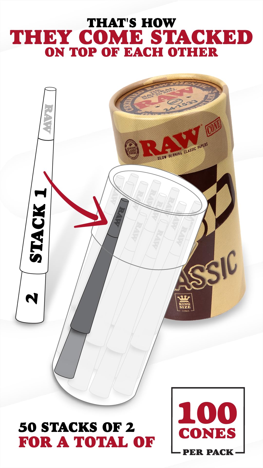 RAW Cones Classic King Size | 100 Pack | Natural Pre Rolled Rolling Paper with Tips & Packing Sticks Included