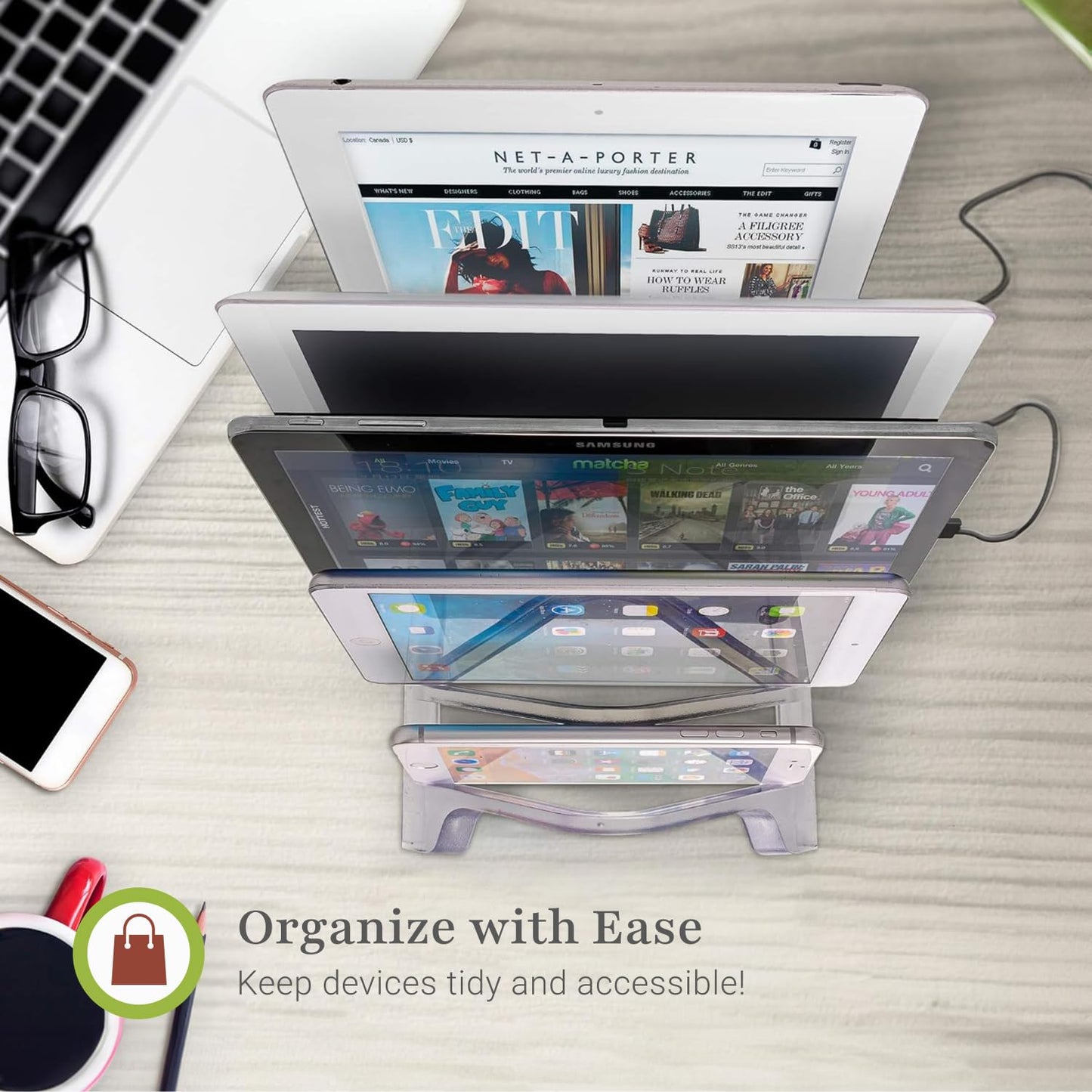 Prosumer's Choice Universal Charging Rack Organizer - Multi Device Stand Holds 5 Tablets or Smartphones - Desktop Tablet Holder and Storage Station - Compact Tech Organizer Dock for Home or Office