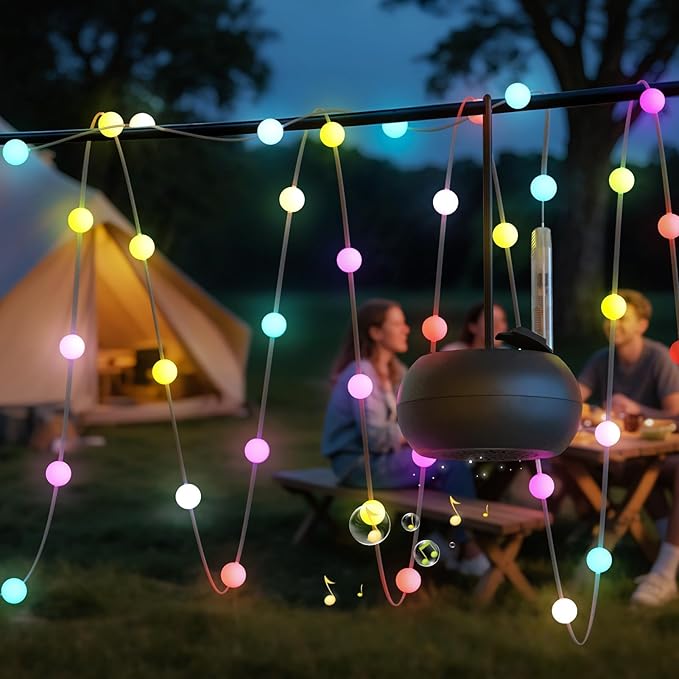 uuffoo Outdoor String Lights with Portable Speaker, 33ft LED Outdoor Color Changing Fairy Lights with IP44 Water-Resistant Dual Pairing Mini Speaker for Patio, Outside, Party, Decorations