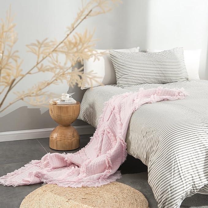 Ultra Soft Pre-Washed Quilted Boho Pink Twin Size Blankets for Bed, Ruffle Fringed Decorative Throw, Stone Washed Chic Rustic Blanket for Sofa Couch Bed, 60"*80"