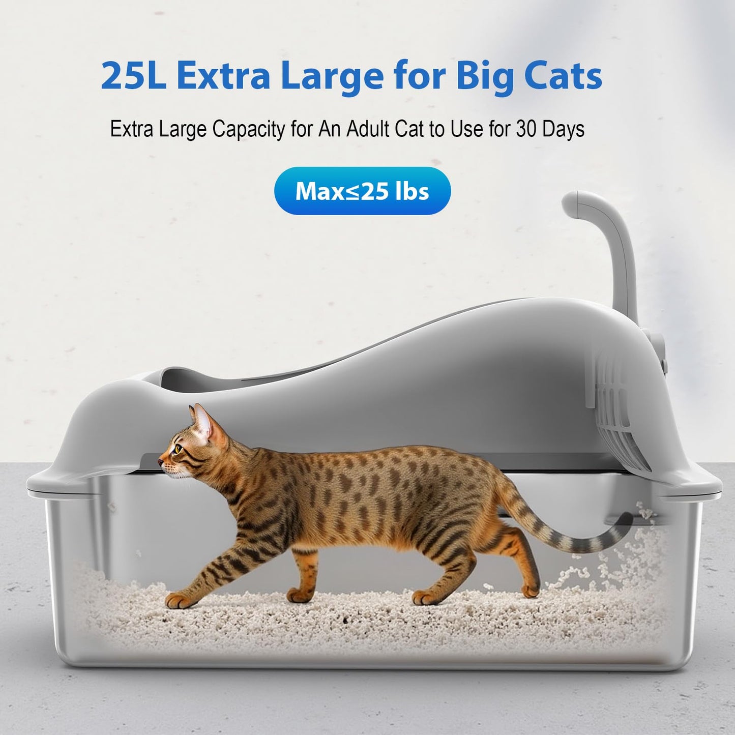 Furkid Stainless Steel Cat Litter Box with Lid, XL Extra Large Litter Box for Big Cats, High Sided Kitty Metal Pan with Pedal Filter and Scoop, Non-Sticky&Anti-Leakage Easy Cleaning Gray