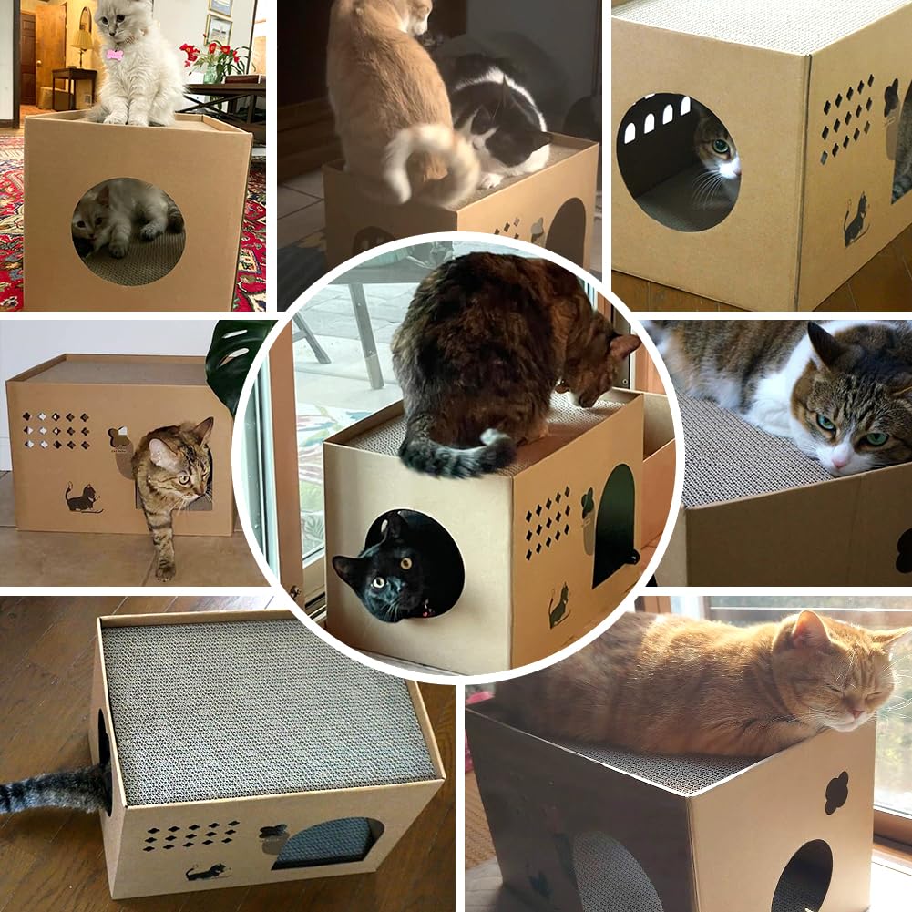 Cat Cardboard House with 2 PCS Scratching Pads,Large Cat Scratcher Bed Cat Scratchers Lounge for Indoor Cats with Corrugated Board Detachable Cat Scratcher Box for Cats.(Cactus) 1