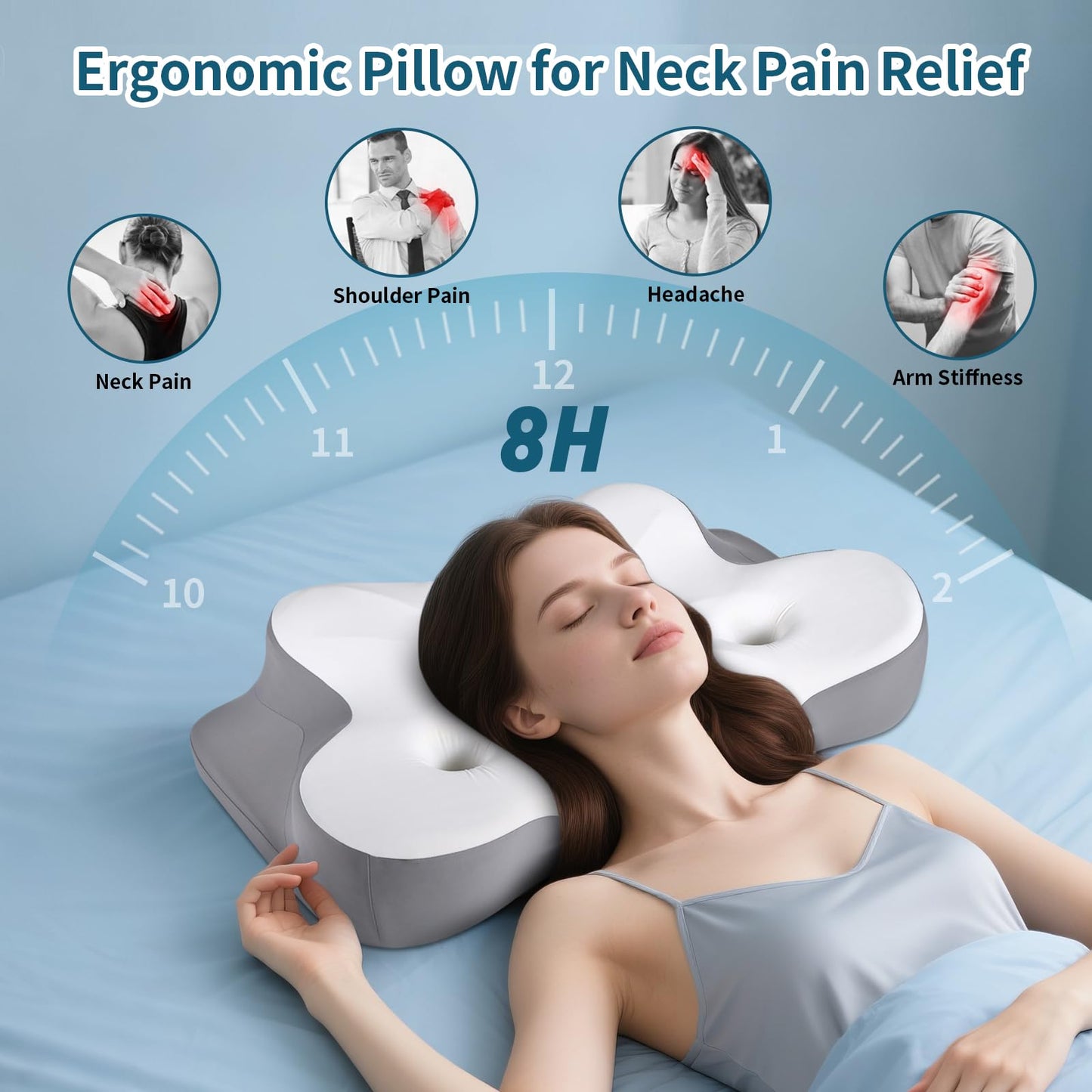 Cervical Neck Pillow for Pain Relief- Ergonomic Memory Foam Pillows for Sleeping, Dual Ear Relief Zone Contour Pillow, Neck Support Pillows for Side Back &Stomach Sleeper (White)