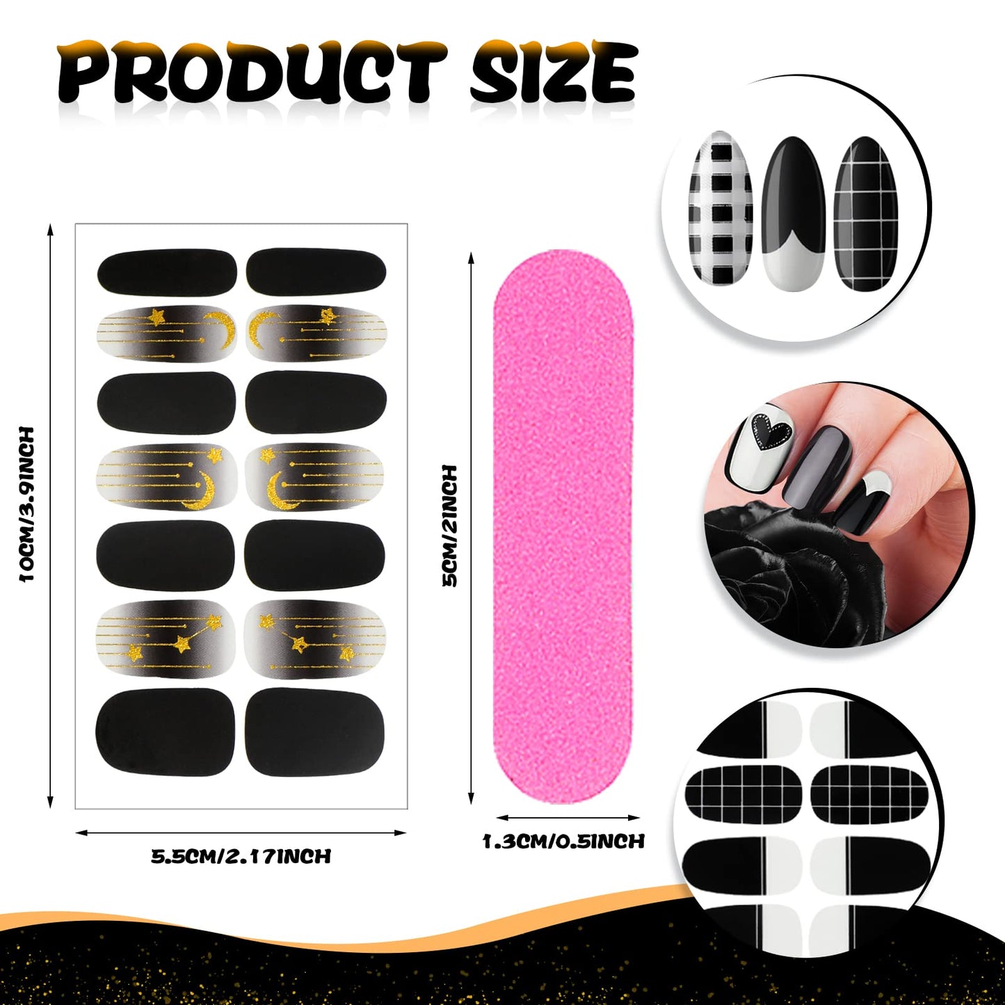 140 Pcs 10 Sheets Black Full Wrap Nail Stickers Polish Strips Gradient Stickers Glitter Self Adhesive DIY Art Decals Strips with 2 Pcs Nail Files for Halloween Decor (Retro Style)