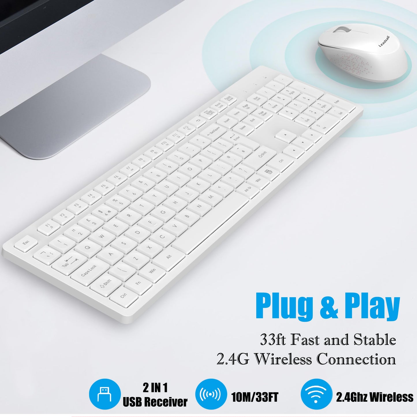 LeadsaiL Wireless Keyboard and Mouse Set, 2.4GHz USB Computer Keyboards and Mouse Combo, Soft Touch, Full Size UK QWERTY Layout with 12 Multimedia Shortcuts for HP/Lenovo Laptop and Mac-White