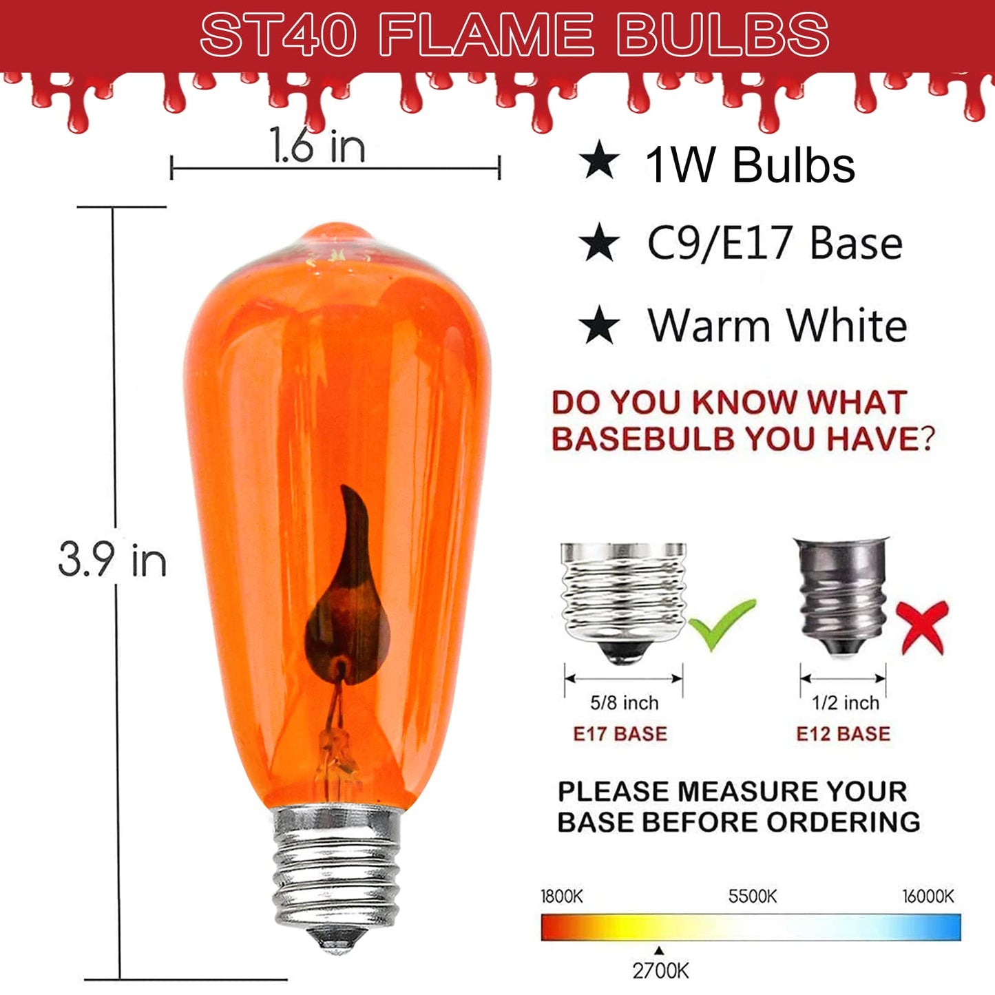 SUNSGNE Halloween Orange Flame Light Bulbs, 10-Pack E17 Flickering Flame Bulb ST40 Edison Replacement Bulbs for ST40 String Lights, 1 Watt- E17 Intermediate Screw Base