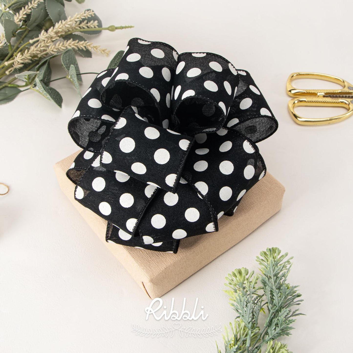 Ribbli Black and White Polka Dot Wired Burlap Ribbon,2-1/2 Inch x 10 Yard