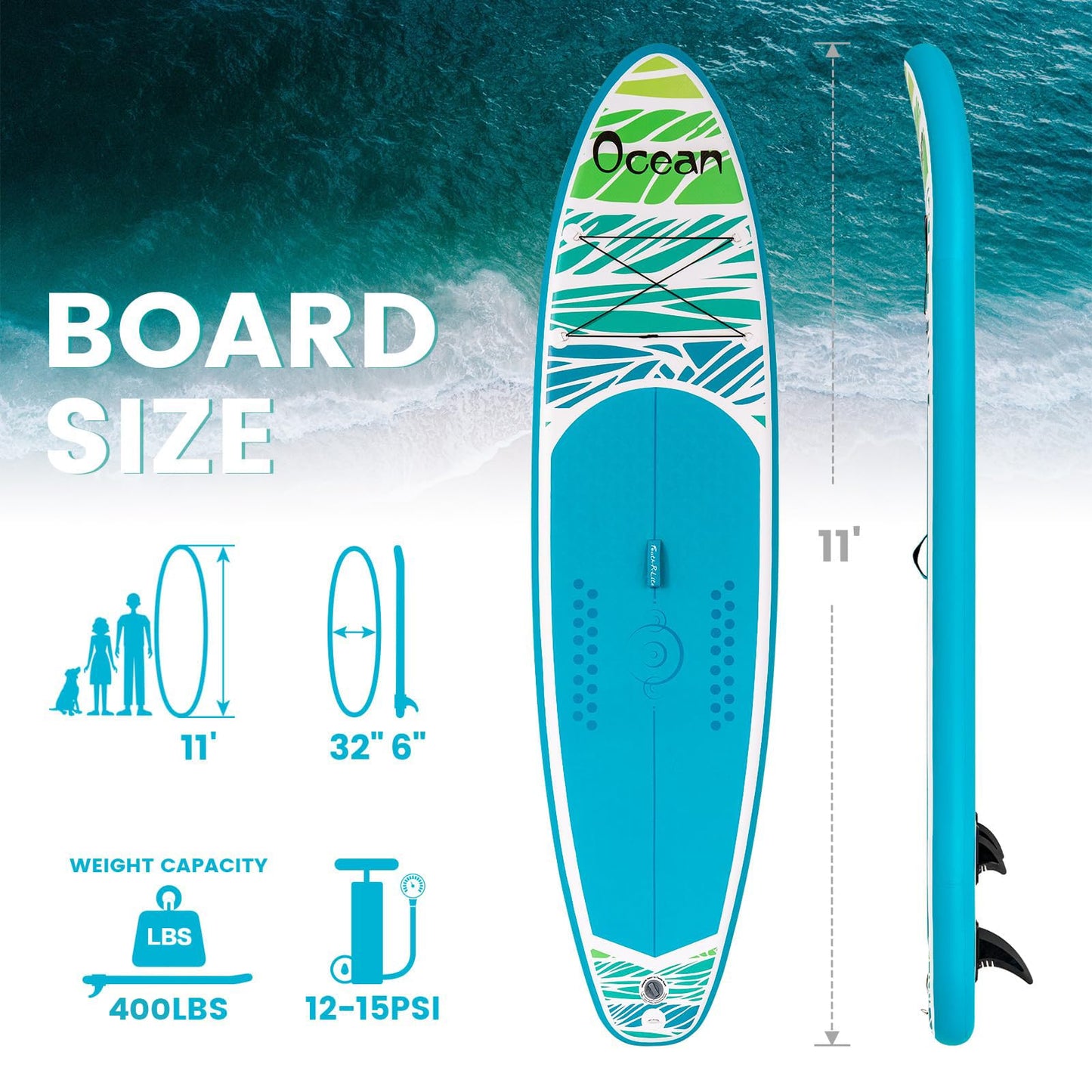 FEATH-R-LITE Inflatable Paddle Board Stand Up Paddleboards for Adults SUP with Premium Accessories Pump, Adjustable Paddle, Leash, Three Fins, Backpack (Blue Ocean)