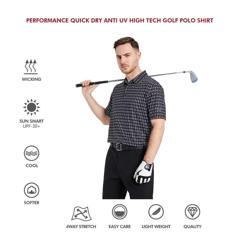 Golf Shirts for Men Dry Fit Short Sleeve Print Performance Moisture Wicking Polo Shirt Black White Twister