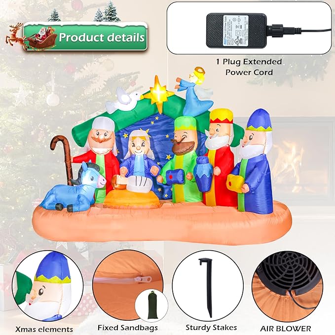 Christmas Inflatables Outdoor Decoration Nativity Scene Inflatable Christmas Blow Up Yard Decorations Nativity Sets with LED Lights Outdoor Indoor Holiday Party Lawn Yard Decor