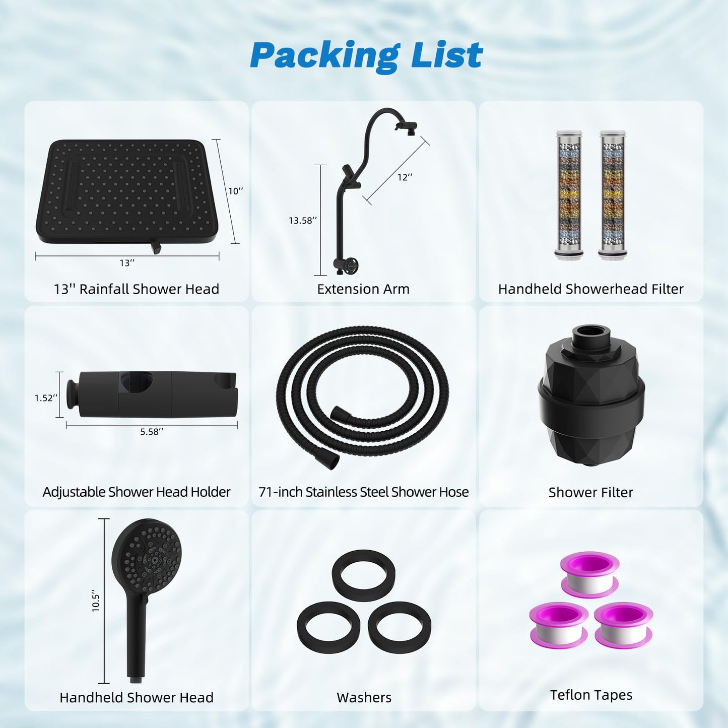 Hibbent 5-spray Dual Filtered Rainfall Shower Head Combo, High Pressure 13'' Showerhead with 10 Spray Mode Handheld, Easy Reach 4-way Diverter Shower Arm with Pause Mode, 71'' Hose and Holder, Black