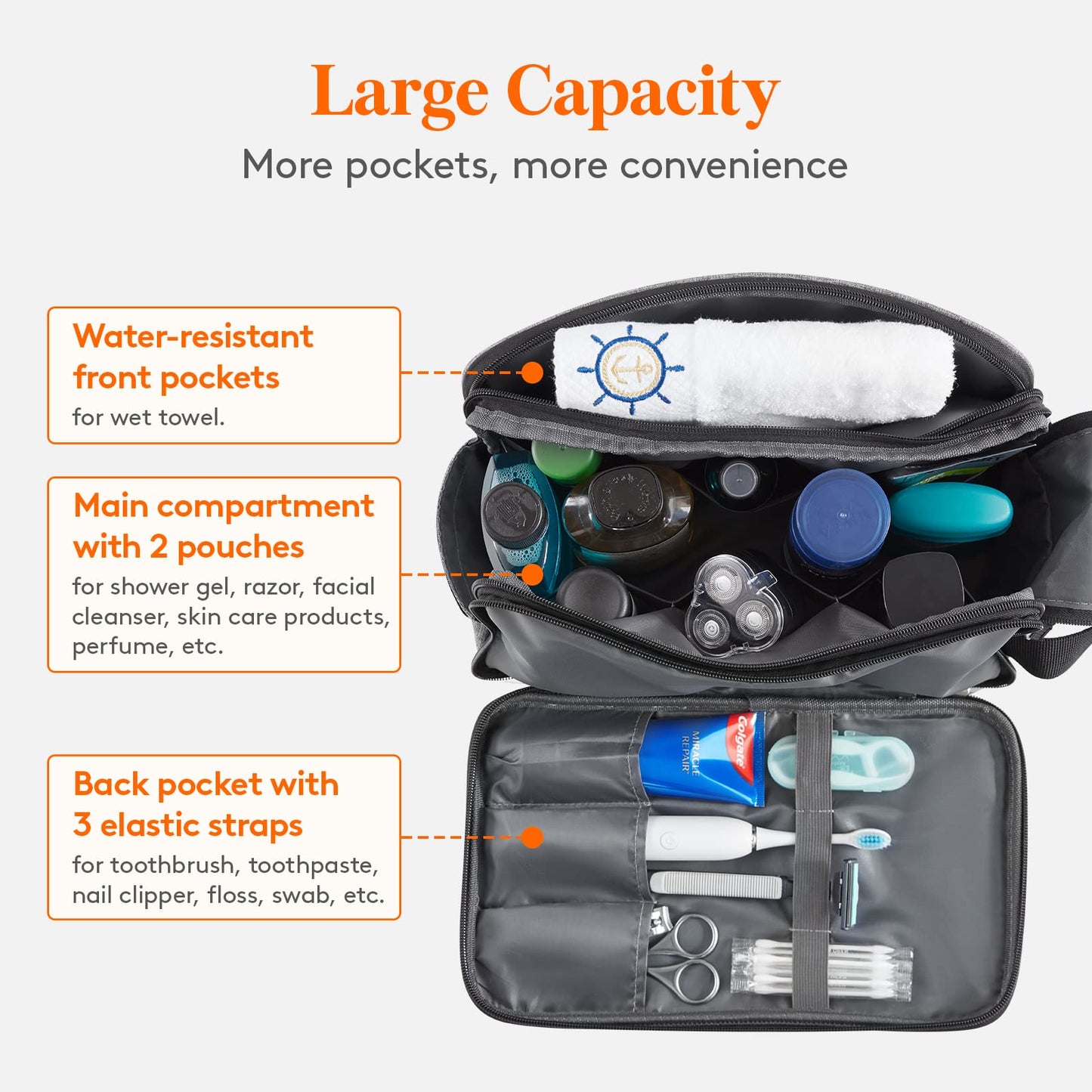 Lifewit Toiletry Bag for Men, Large Travel Shaving Dopp Kit with Double Zippers, Water-Resistant Bathroom & Travel Organizer for Full Size Toiletries and Shaving Accessories, Large, Grey