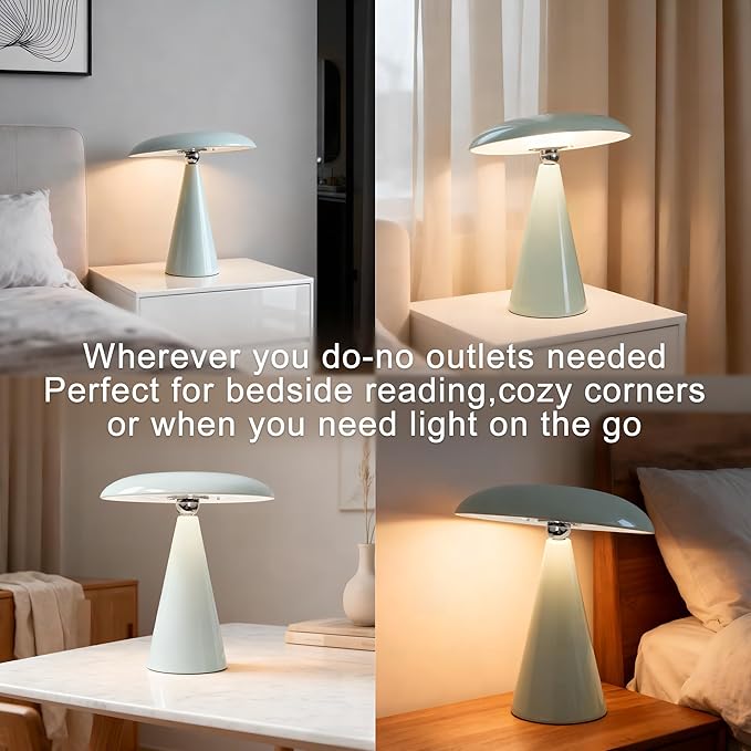 Mushroom Lamp Mid Century Modern Table Lamp, LED Cordless Rechargeable Bedside Light, Dimmable Touch 3-Color Temp, Retro Small Lamp for Bedroom, Living Room,Aesthetic Decor (Green)