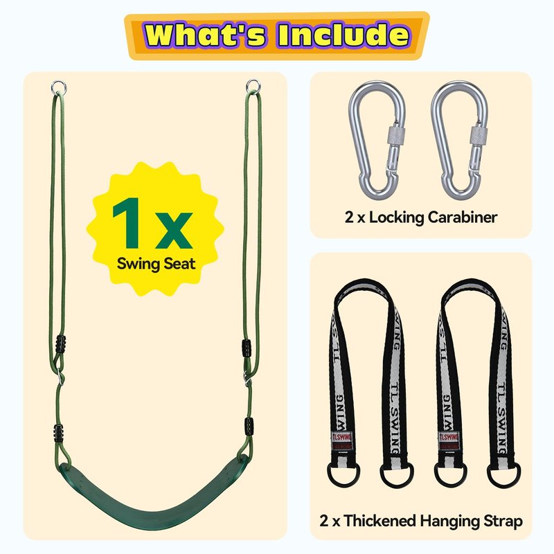HeyZoo Heavy Duty Kids Swing Seat with 79" Adjustable Rope, 330 lbs Capacity Swing Set Accessories Replacement with 2 Carabiners and 2 Extra Hanging Straps, Outdoor Playground Gifts, Green 1 Pack